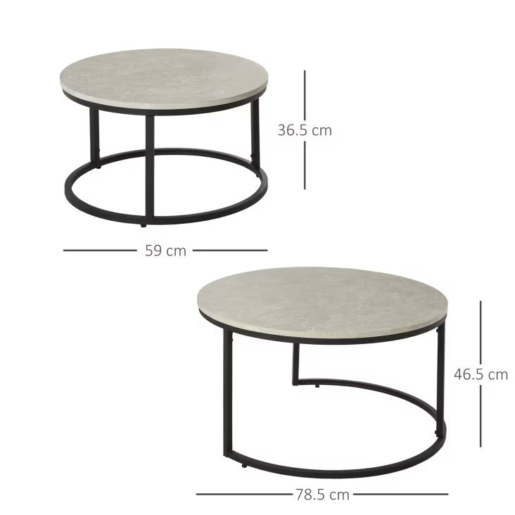 TARY - Set 2 tavolini da caffè impilabili in metallo e MDF grigio e nero