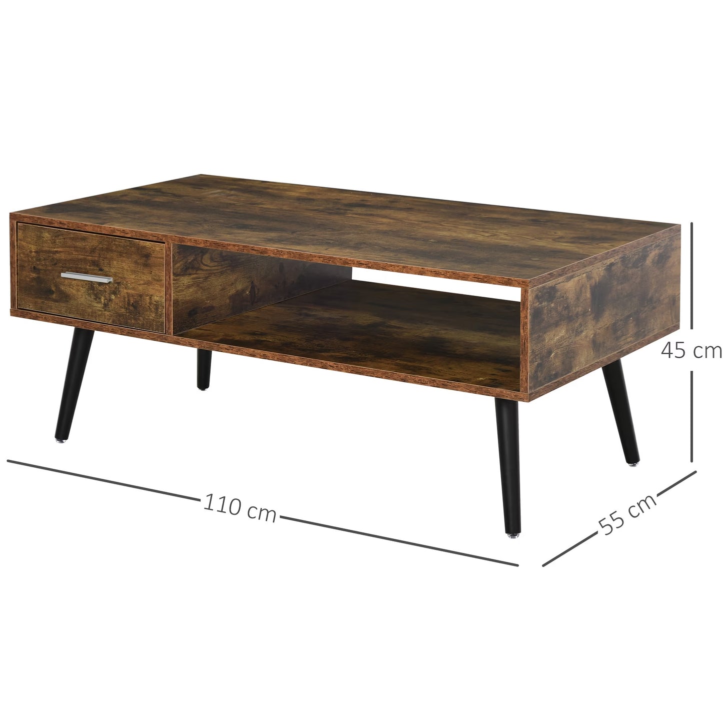 TAYLA - Tavolino da caffè con cassetto e ripiano nero e color legno